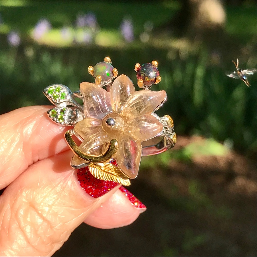 CARVED FLOWER AMETRINE➕OPAL 925SS➖14KT GLD PL RING